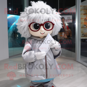 Silver Love Letter mascot costume character dressed with a Windbreaker and Eyeglasses