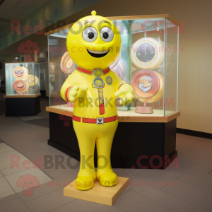 Lemon Yellow Gumball Machine mascot costume character dressed with a Rash Guard and Bracelet watches