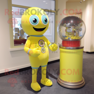 Lemon Yellow Gumball Machine mascot costume character dressed with a Rash Guard and Bracelet watches