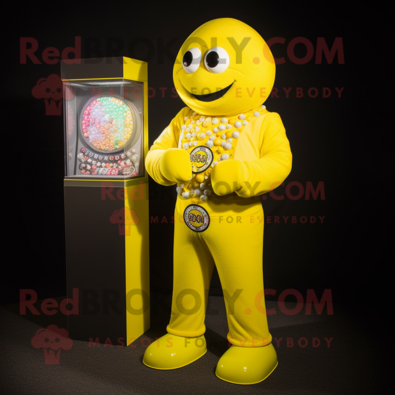 Lemon Yellow Gumball Machine mascot costume character dressed with a Rash Guard and Bracelet watches