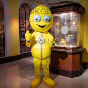 Lemon Yellow Gumball Machine mascot costume character dressed with a Rash Guard and Bracelet watches