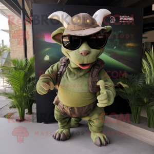 Olive Triceratops mascot costume character dressed with a Cargo Shorts and Sunglasses