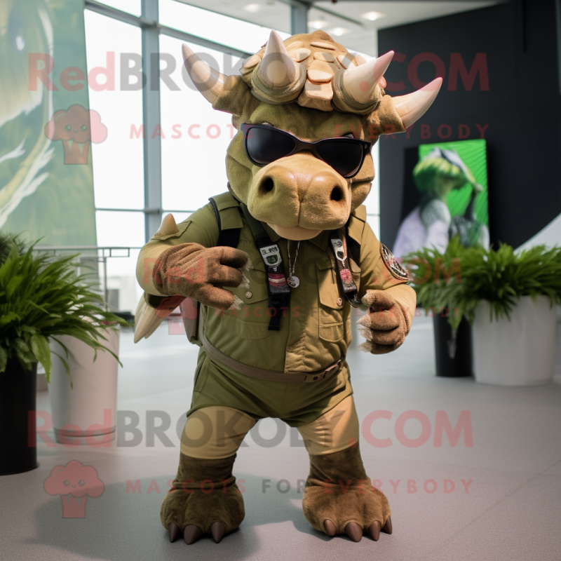 Olive Triceratops mascot costume character dressed with a Cargo Shorts and Sunglasses