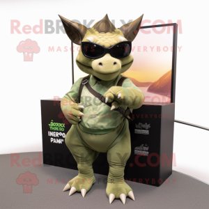 Olive Triceratops mascot costume character dressed with a Cargo Shorts and Sunglasses