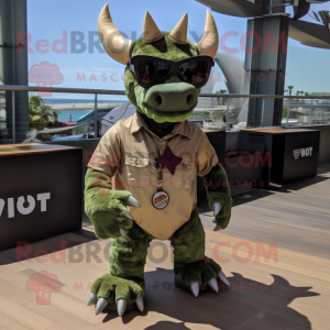Olive Triceratops mascot costume character dressed with a Cargo Shorts and Sunglasses