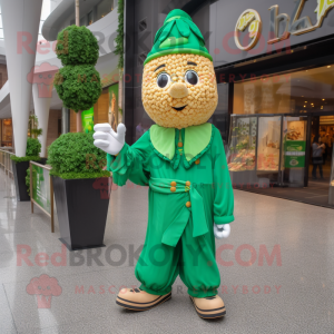 Green Pop Corn mascot costume character dressed with a Raincoat and Bracelets