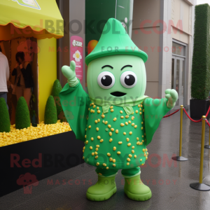 Green Pop Corn mascot costume character dressed with a Raincoat and Bracelets