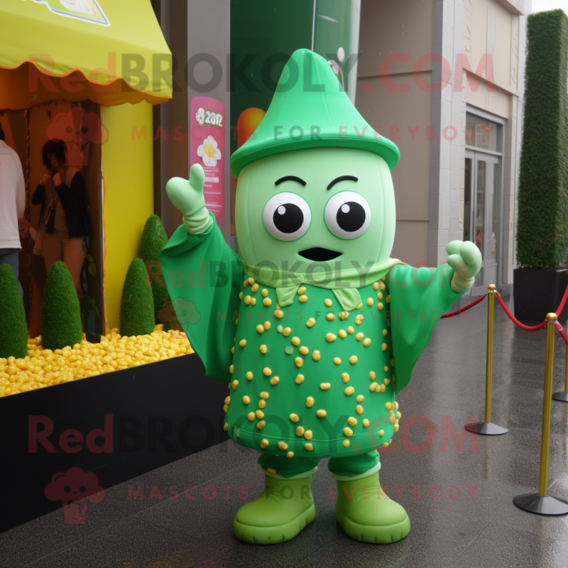 Green Pop Corn mascot costume character dressed with a Raincoat and Bracelets Green Pop Corn mascot costume character dressed with a Raincoat and Bracelets