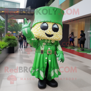 Green Pop Corn mascot costume character dressed with a Raincoat and Bracelets