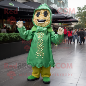 Green Pop Corn mascot costume character dressed with a Raincoat and Bracelets