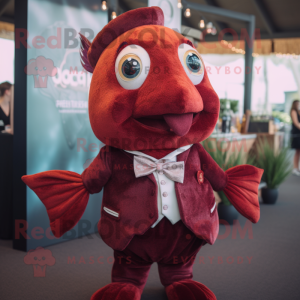 Maroon Goldfish mascot costume character dressed with a Waistcoat and Earrings