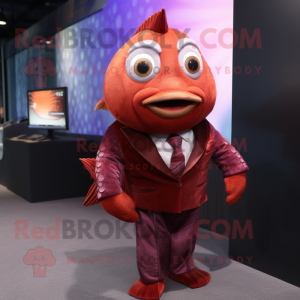 Maroon Goldfish mascot costume character dressed with a Waistcoat and Earrings