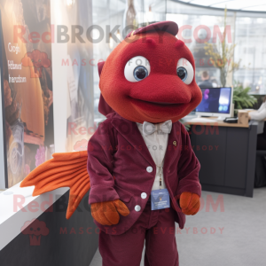 Maroon Goldfish mascot costume character dressed with a Waistcoat and Earrings