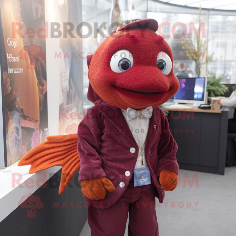 Maroon Goldfish mascot costume character dressed with a Waistcoat and Earrings