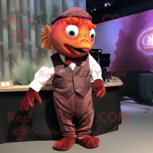 Maroon Goldfish mascot costume character dressed with a Waistcoat and Earrings