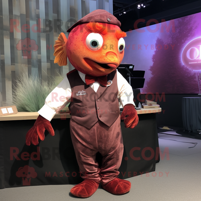 Maroon Goldfish mascot costume character dressed with a Waistcoat and Earrings Maroon Goldfish mascot costume character dressed with a Waistcoat and Earrings