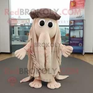 Beige Squid mascot costume character dressed with a Cardigan and Scarf clips