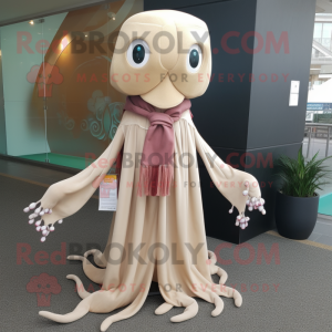 Beige Squid mascot costume character dressed with a Cardigan and Scarf clips