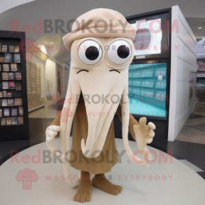 Beige Squid mascot costume character dressed with a Cardigan and Scarf clips