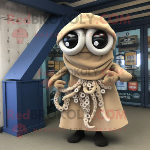 Beige Squid mascot costume character dressed with a Cardigan and Scarf clips
