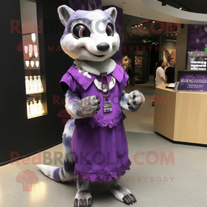 Purple Civet mascot costume character dressed with a Sheath Dress and Coin purses