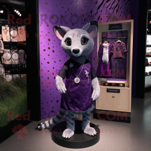 Purple Civet mascot costume character dressed with a Sheath Dress and Coin purses