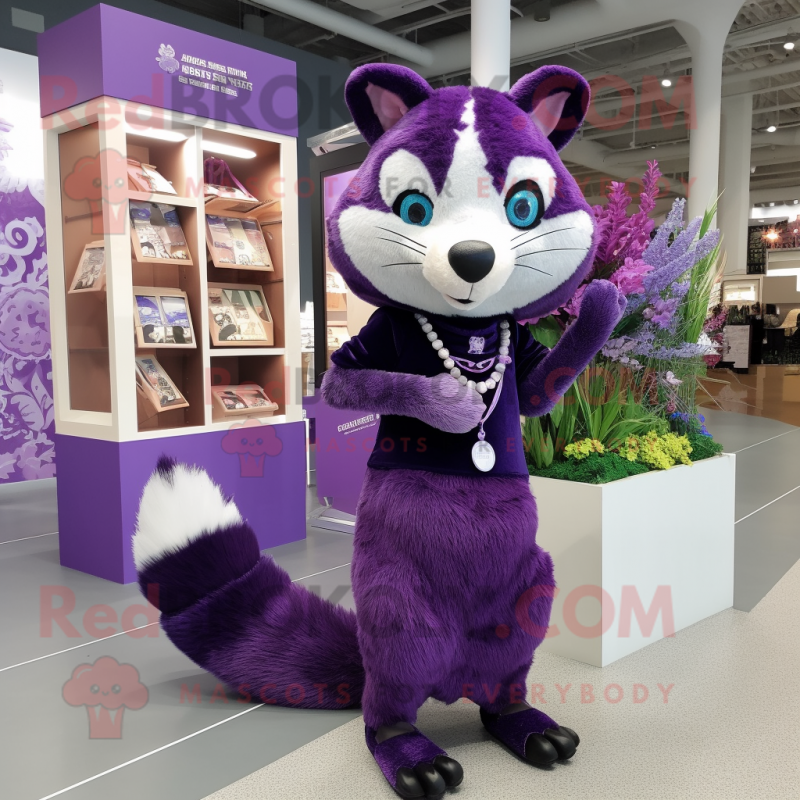 Purple Civet mascot costume character dressed with a Sheath Dress and Coin purses