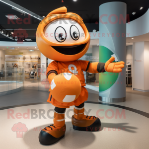 Orange Rugby Ball mascot costume character dressed with a Playsuit and Rings