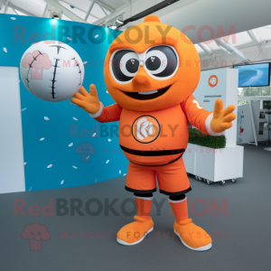 Orange Rugby Ball mascot costume character dressed with a Playsuit and Rings