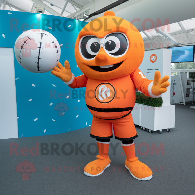 Orange Rugby Ball mascot costume character dressed with a Playsuit and Rings Orange Rugby Ball mascot costume character dressed with a Playsuit and Rings