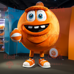 Orange Rugby Ball mascot costume character dressed with a Playsuit and Rings