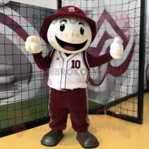 Maroon Volleyball Net mascot costume character dressed with a Baseball Tee and Hat pins
