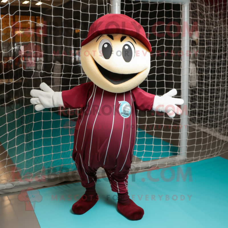 Maroon Volleyball Net mascot costume character dressed with a Baseball Tee and Hat pins Maroon Volleyball Net mascot costume character dressed with a Baseball Tee and Hat pins