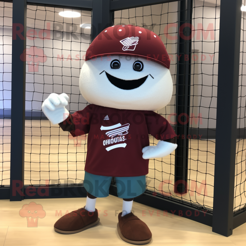 Maroon Volleyball Net mascot costume character dressed with a Baseball Tee and Hat pins Maroon Volleyball Net mascot costume character dressed with a Baseball Tee and Hat pins