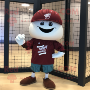 Maroon Volleyball Net mascot costume character dressed with a Baseball Tee and Hat pins