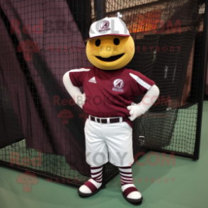 Maroon Volleyball Net mascot costume character dressed with a Baseball Tee and Hat pins