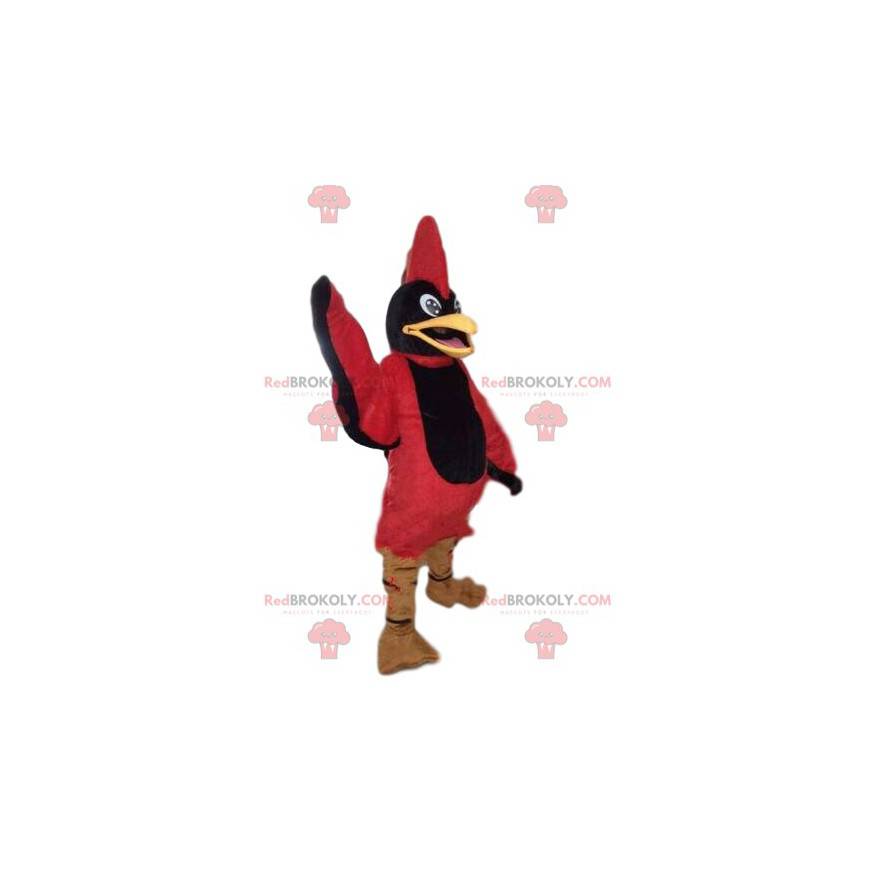 Mascote pássaro preto e vermelho, fantasia de águia, águia