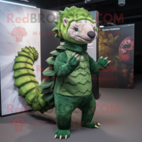 Forest Green Pangolin mascot costume character dressed with a Flare Jeans and Headbands