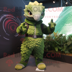 Forest Green Pangolin mascot costume character dressed with a Flare Jeans and Headbands