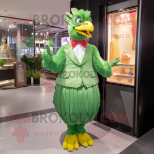 Green Fried Chicken mascot costume character dressed with a Evening Gown and Pocket squares