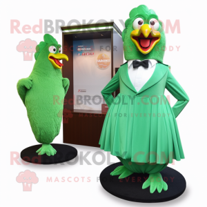 Green Fried Chicken mascot costume character dressed with a Evening Gown and Pocket squares