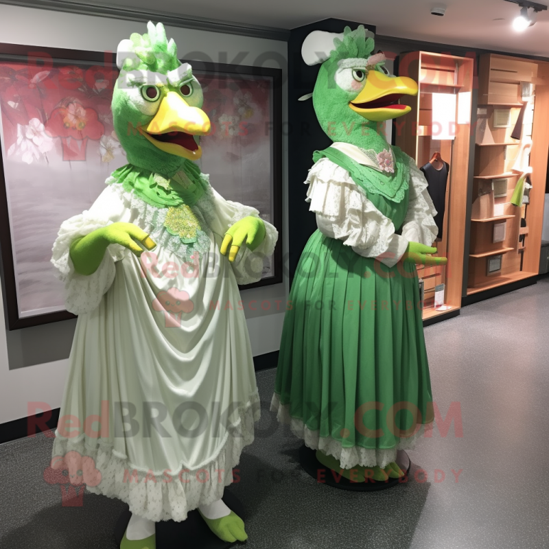Green Fried Chicken mascot costume character dressed with a Evening Gown and Pocket squares Green Fried Chicken mascot costume character dressed with a Evening Gown and Pocket squares