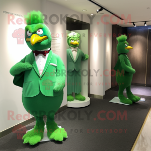 Green Fried Chicken mascot costume character dressed with a Evening Gown and Pocket squares