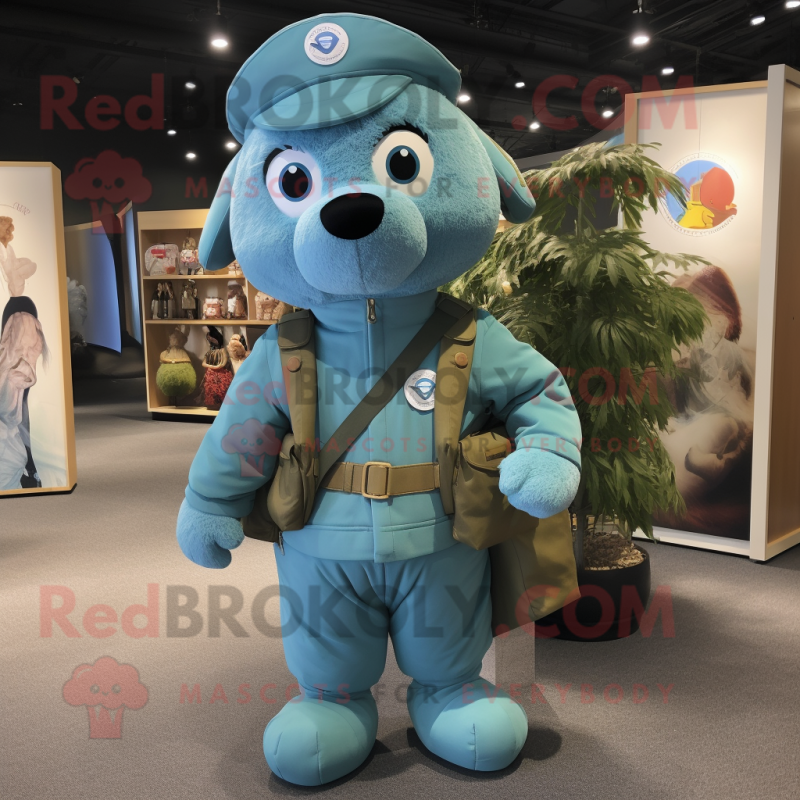 Turquoise Air Force Soldier mascot costume character dressed with a Dungarees and Backpacks