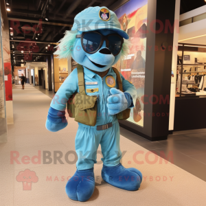 Turquoise Air Force Soldier mascot costume character dressed with a Dungarees and Backpacks