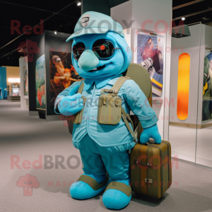 Turquoise Air Force Soldier mascot costume character dressed with a Dungarees and Backpacks