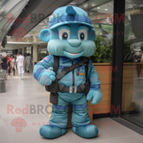 Turquoise Air Force Soldier mascot costume character dressed with a Dungarees and Backpacks