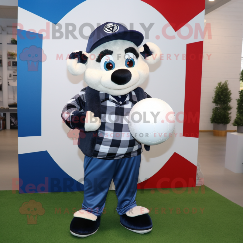 Navy Soccer Ball mascot costume character dressed with a Flannel Shirt and Belts