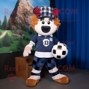 Navy Soccer Ball mascot costume character dressed with a Flannel Shirt and Belts