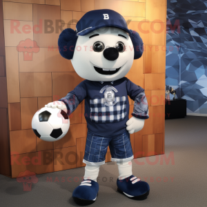 Navy Soccer Ball mascot costume character dressed with a Flannel Shirt and Belts